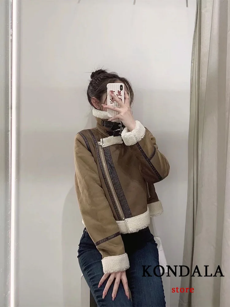 KONDALA Vintage Casual Chic Women Jacket Long Sleeve Zipper Thick Warm Short Soild Turtleneck Fashion 2022 Winter Female Coats