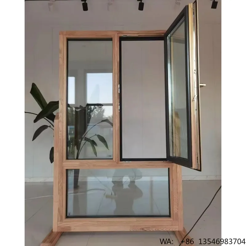 Customization High Quality  Aluminum Frame with Oak Teak Wood Arched Top Double Part Window With Smart Lock