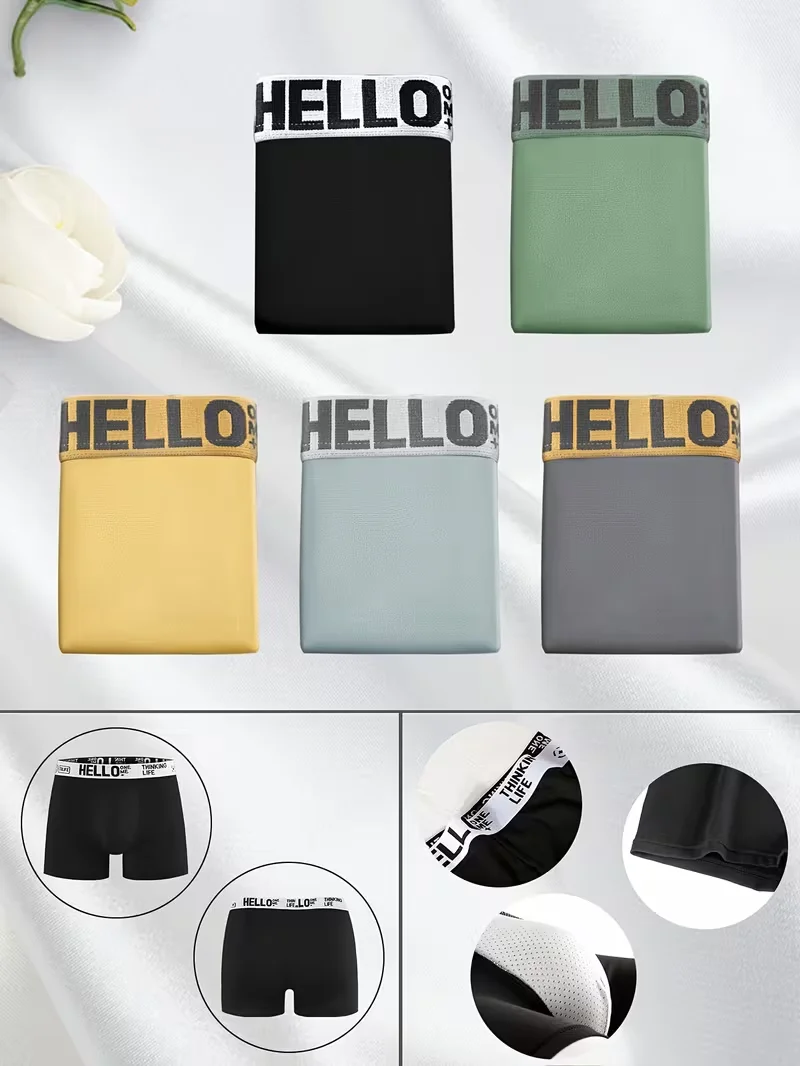 

Men's Minimalist "HELLO" Belt and Flat Angle Underwear Soft and Smooth Neutral Tone 5pcs Casual Underwear Teenage Sleeping Pants