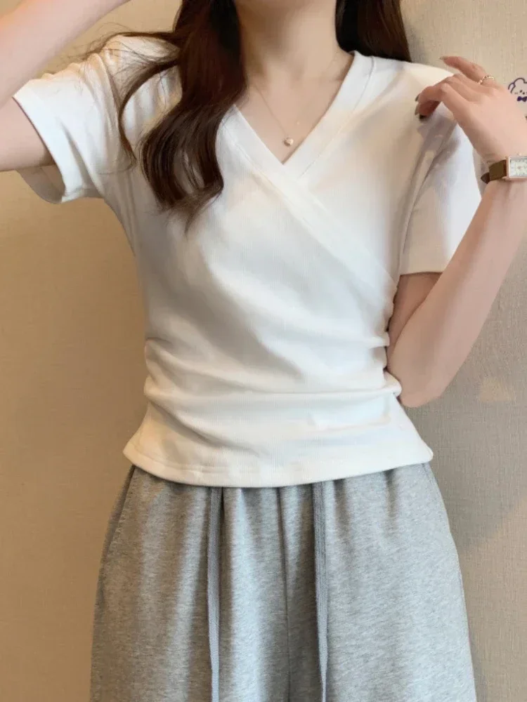 2025 Summer New Korean Fashion Cross V-neck Women's T-shirt Short Sleeve Slim Bottoming Shirts Crop Top Youthful Woman Clothes