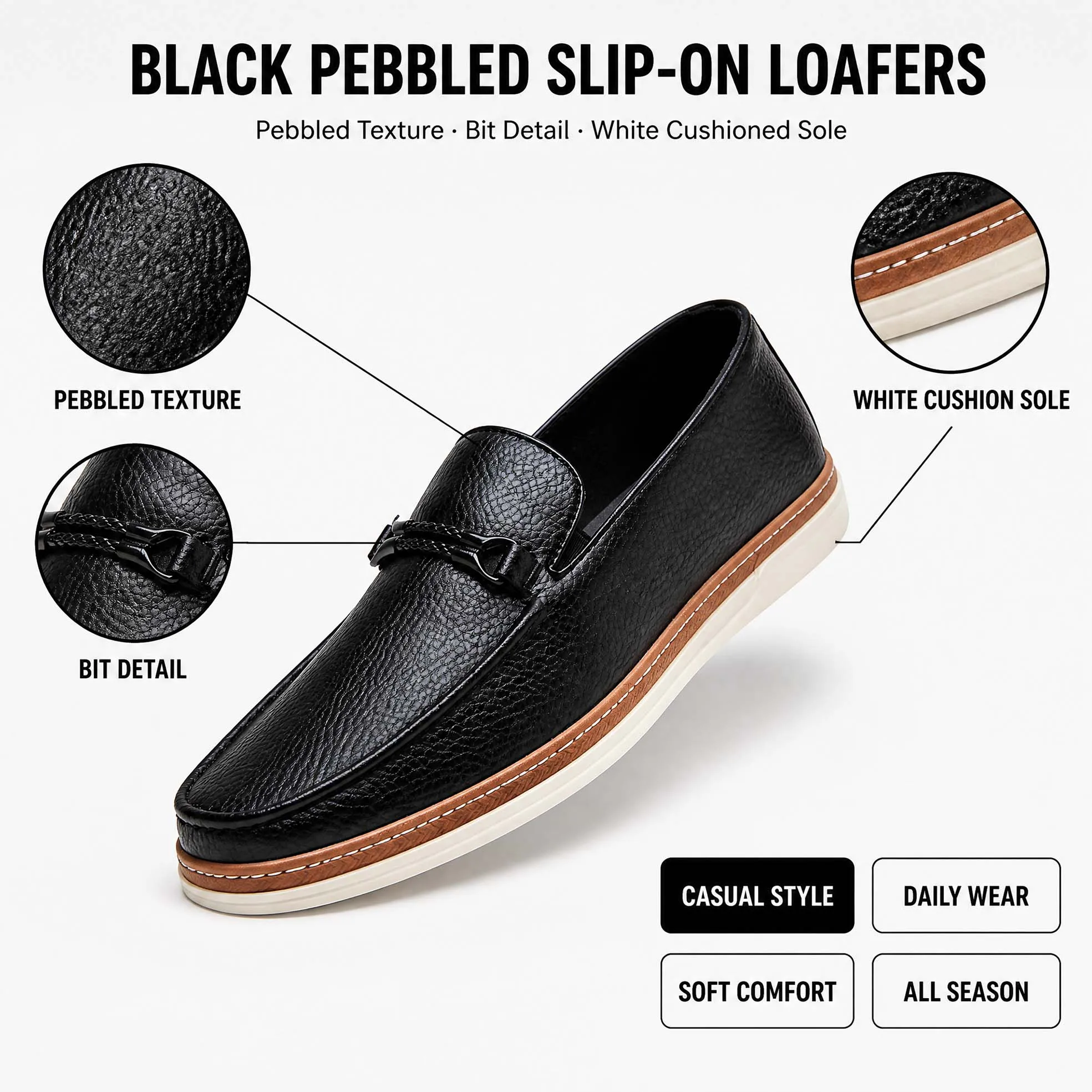 Men Classic Loafers Grain Textured Faux Leather Upper Slip-On Lightweight Casual Shoes Business Daily Walking Footwear for Men