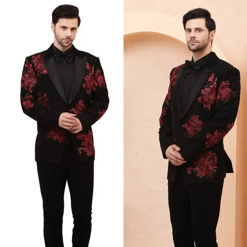 

Luxury Men Suits Single Breasted Groom Prom Blazer Wedding Tuxedos 2 Pieces Appliques Party Male Business Customized