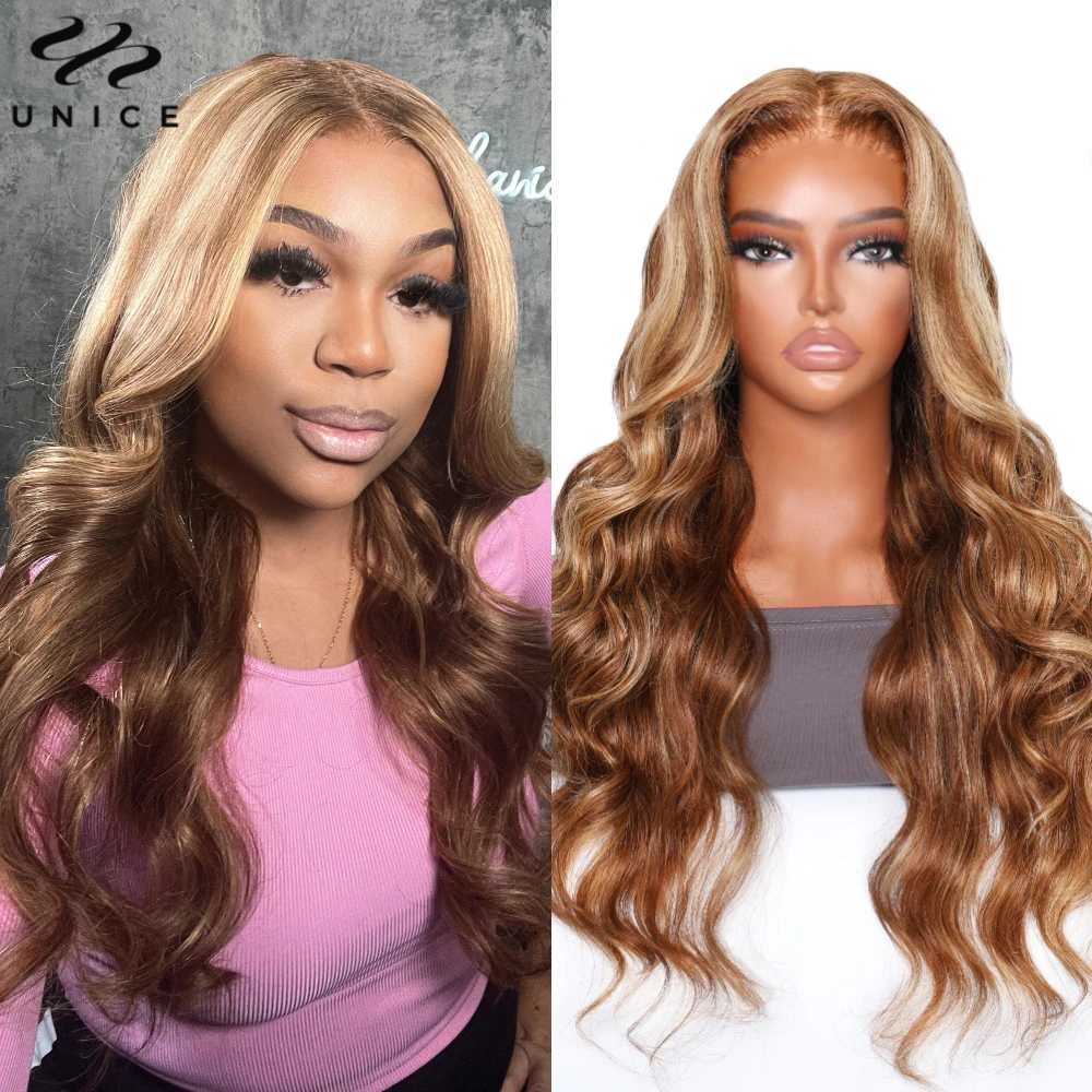 Unice Hair 3D Body Wave Brown Blonde Highlight 13x4 Lace Front Human Hair Wig Pre Cut Pre Bleached Pre Plucked Lace Frontal Wig