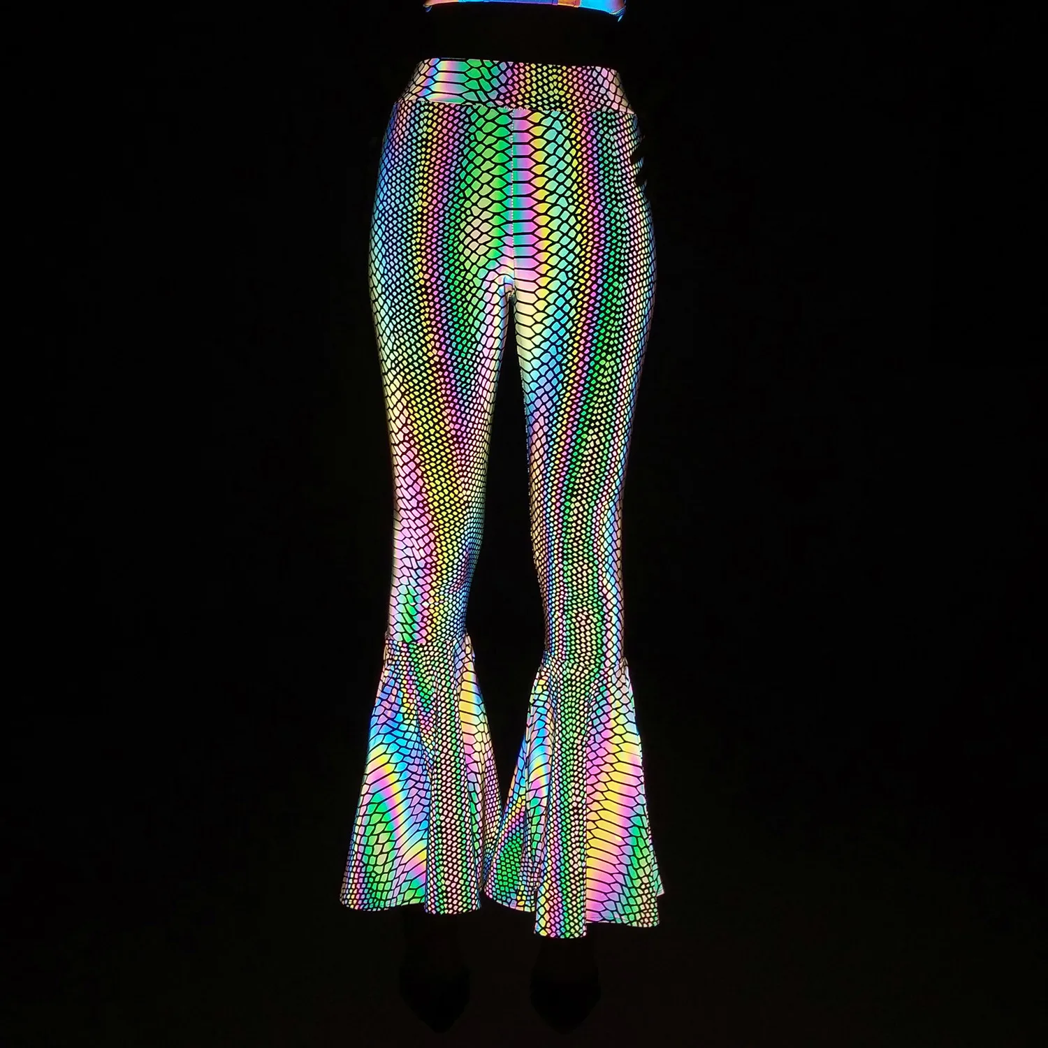 

Drop Shipping Rainbow Reflective Pants Women Bodycon Elastic Waist Trousers Slim Fit Techwear Fish Tail Pants Dance Clubwear