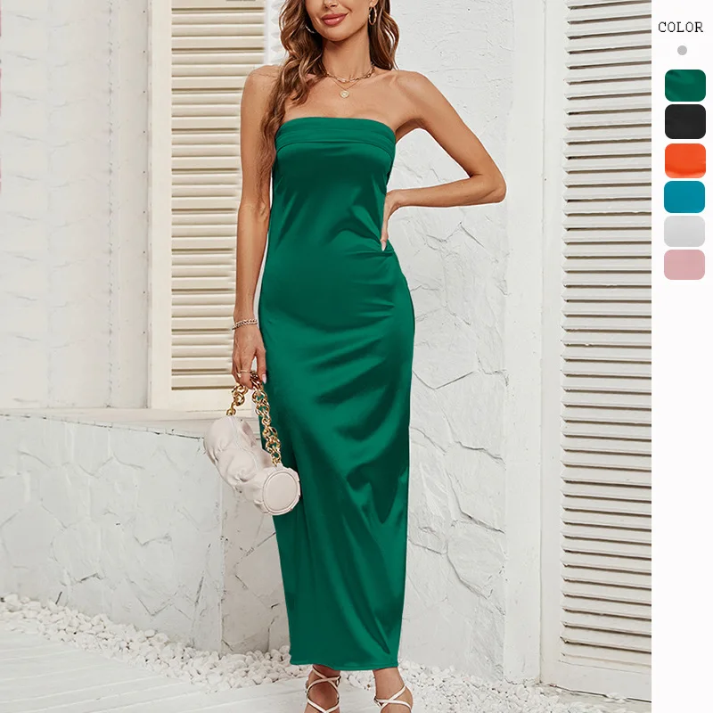 

Summer European and American Women's Foreign Trade Amazon Independent Station Solid Color Wrapped Elastic Backless Satin Dr