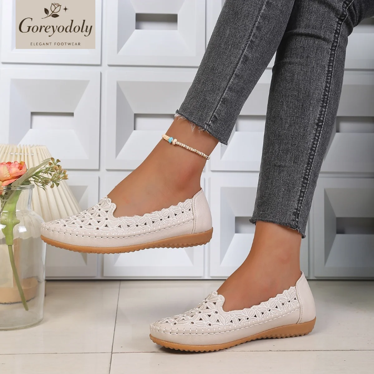 Goreyodoly Womens Wide Fit Casual Slip On Flats Hollow Floral Lace Breathable Lightweight Comfortable Walking Shoes - view 6