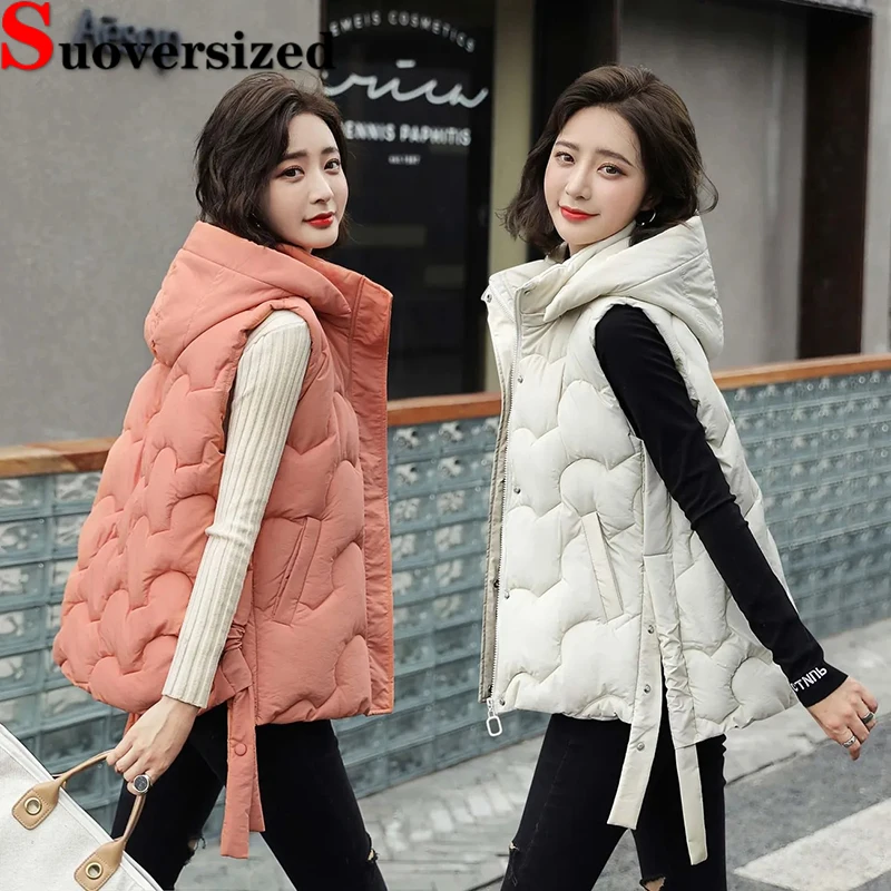 

Warm Hooded Down Cotton Vest Winter Windproof Sleeveless Jackets Thicken Puffy New Chaquetas Korean Fashion Waistcoat For Women