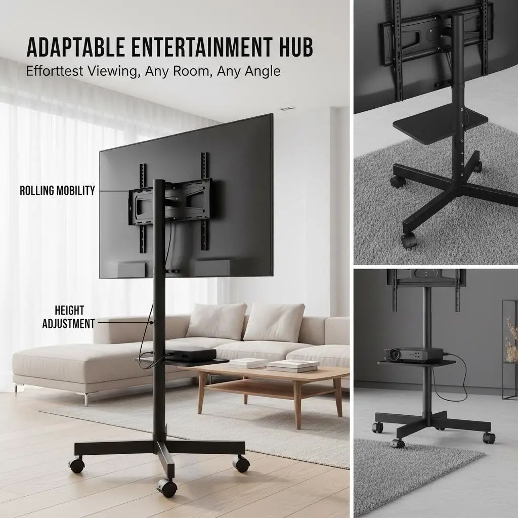 Rolling Television Trolley 23-60 inch For Bedroom Living Room Office, Height Adjustable Portable Floor Base Audio-Visual Shel