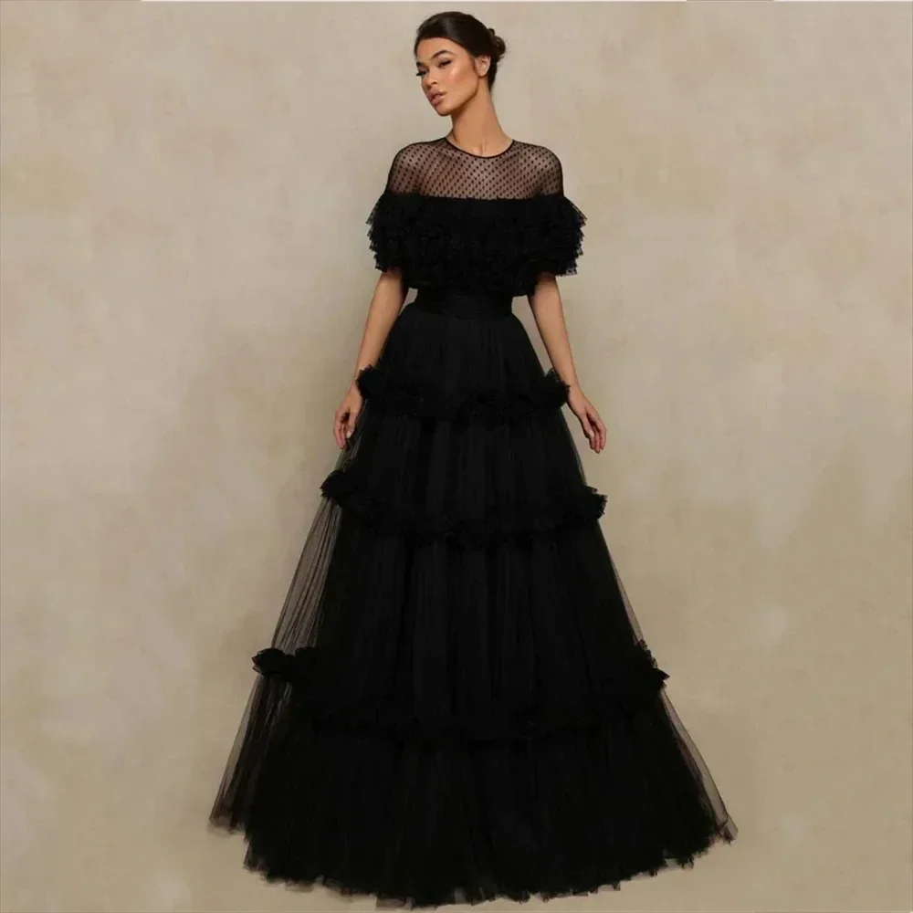 Customized Black Multilaye Evening Dress Wave Point Prom Dress 2023 Sexy O-neck Party Dress Tulle A-line Fashion Simple High