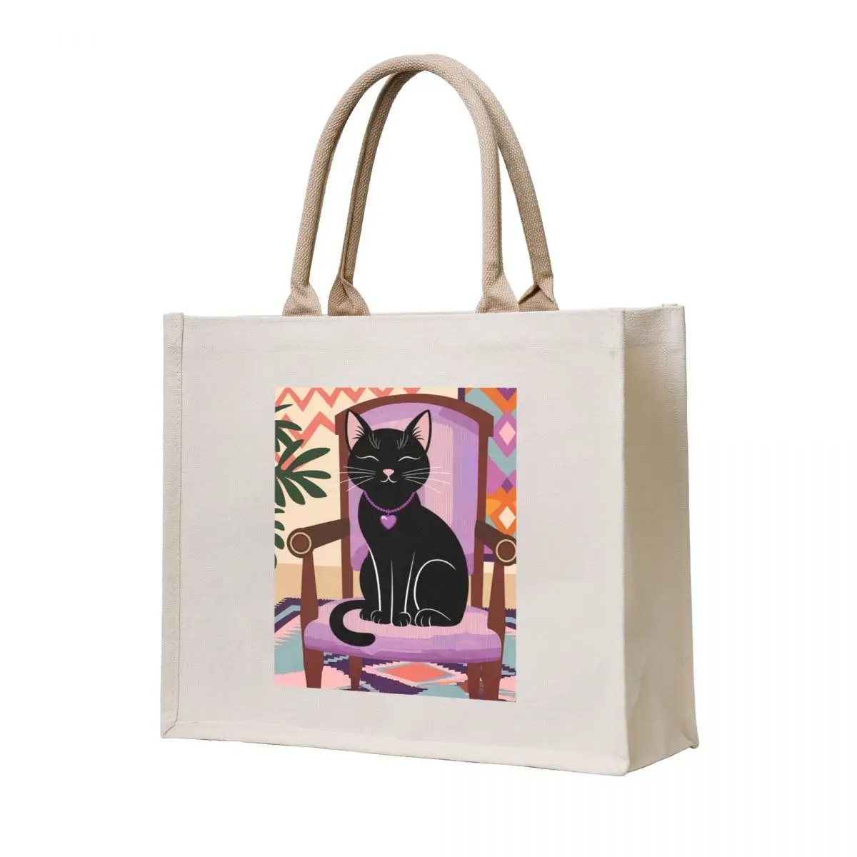 Black Cat and Vibrant Retro Patterns Tote Bag shoping bag Woman shopper bag Canvas for women supermarket folding
