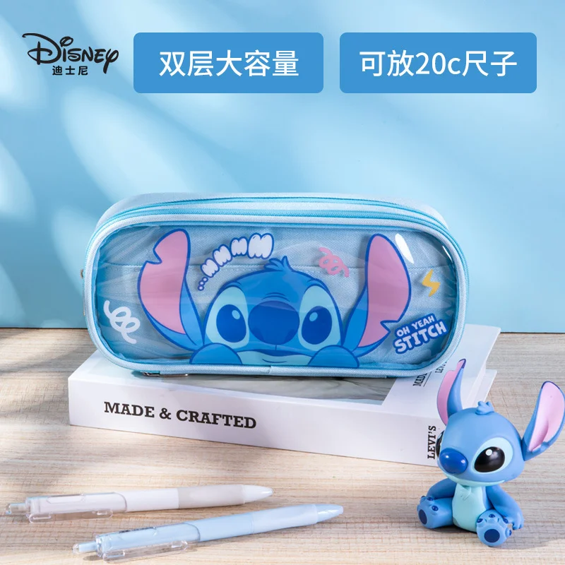 กล่องดินสอนักเรียน Disney มิกกี้เมาส์น่ารัก Stitch กระเป๋าเครื่องเขียนความจุขนาดใหญ่โปร่งใสทนสิ่งสกปรกการ์ตูน