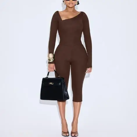 Autumn Irregular Slanted Neck Tight Fitting Long Sleeved Top and Solid Color Cropped Pants Set for Women's Casual 2-Piece Set