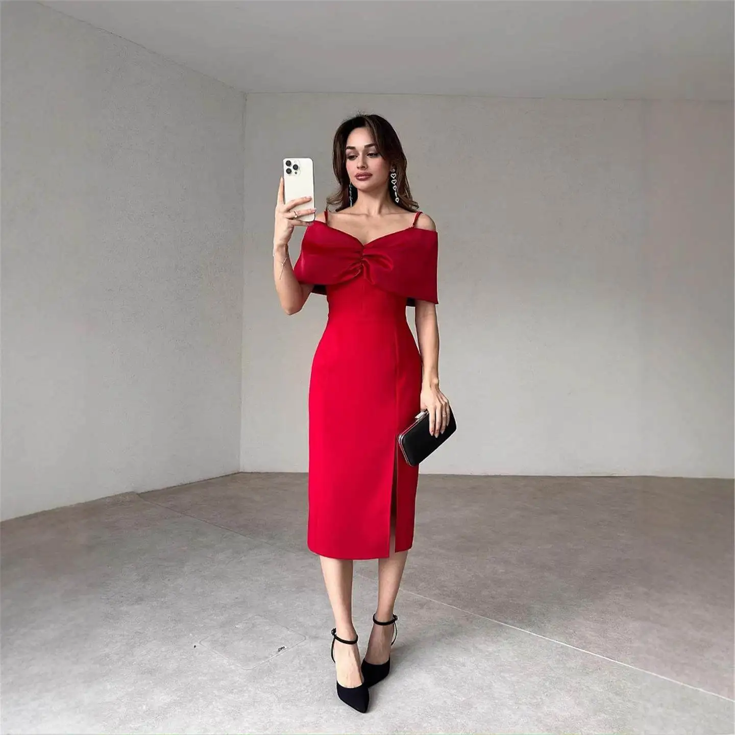 

Sexy Pure Color V-Ne oulderBaring Strap Dr Women's High Waist Umbrella Skirt ort Sve CiWalk Single Piece