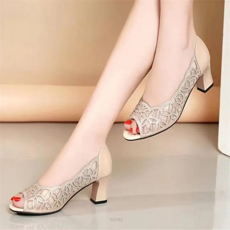 Open Toe Pumps Black High Heels Dress Shoes Summer Sandals Square heel White Wedding Shoes Hollow Out Pumps Peep toe Boat Shoes