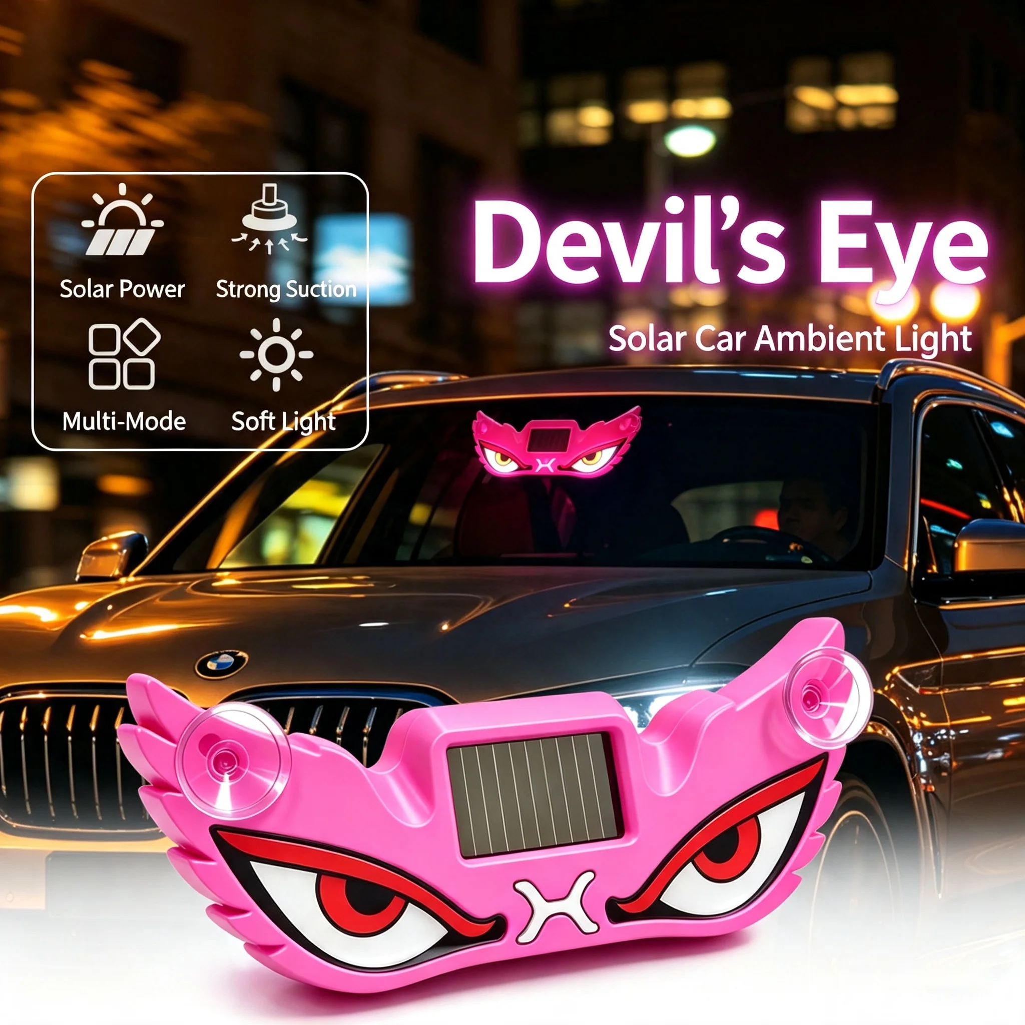 1Pc Car Solar Powered Devil Eye Warning Light, Rear Window LED Atmosphere Lamp Dynamic Decorative Light for Vehicle