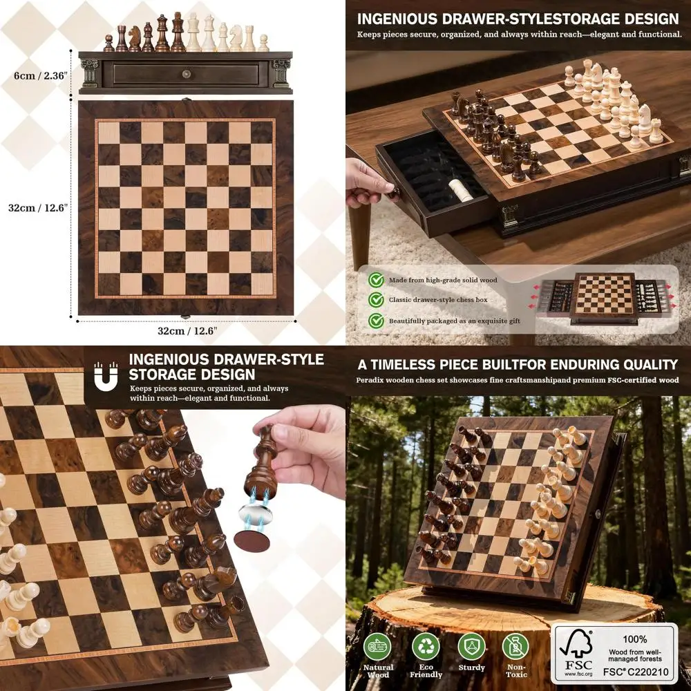 

Portable 12 Magnetic Chess Set with Storage, Wooden Board, Extra Queens, Ideal for Travel and Family Game Nights