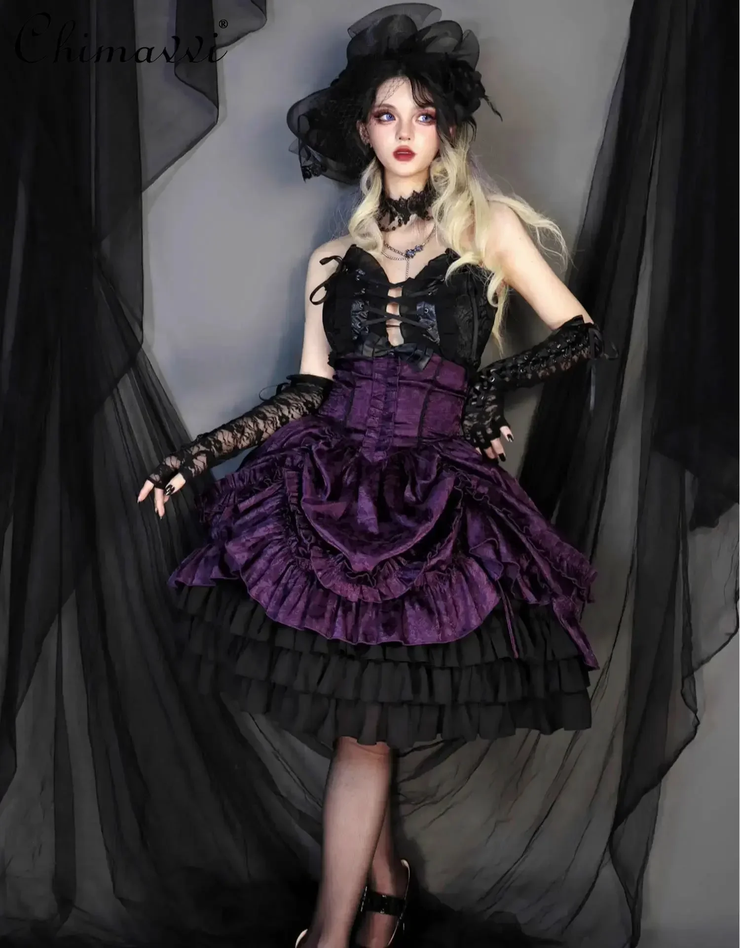 

New Spring and Autumn Dark Girl Ladies High Waist Gothic Lolita Halloween SK Skirt Multilayer Cake Purple and White Skirts