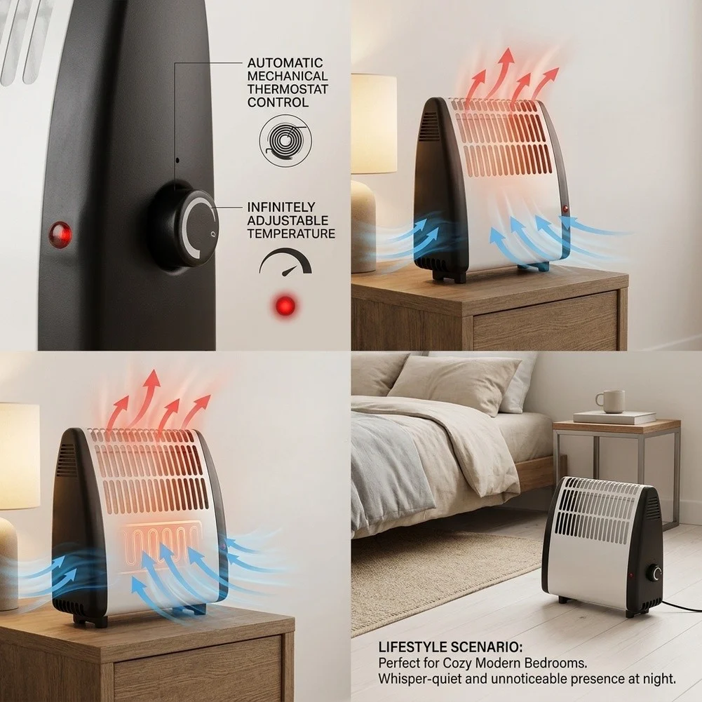 Low-Noise Forced-Air Heater for Small Rooms up to 10 Sq M Featuring Automatic Cycling Based on Set Temperature