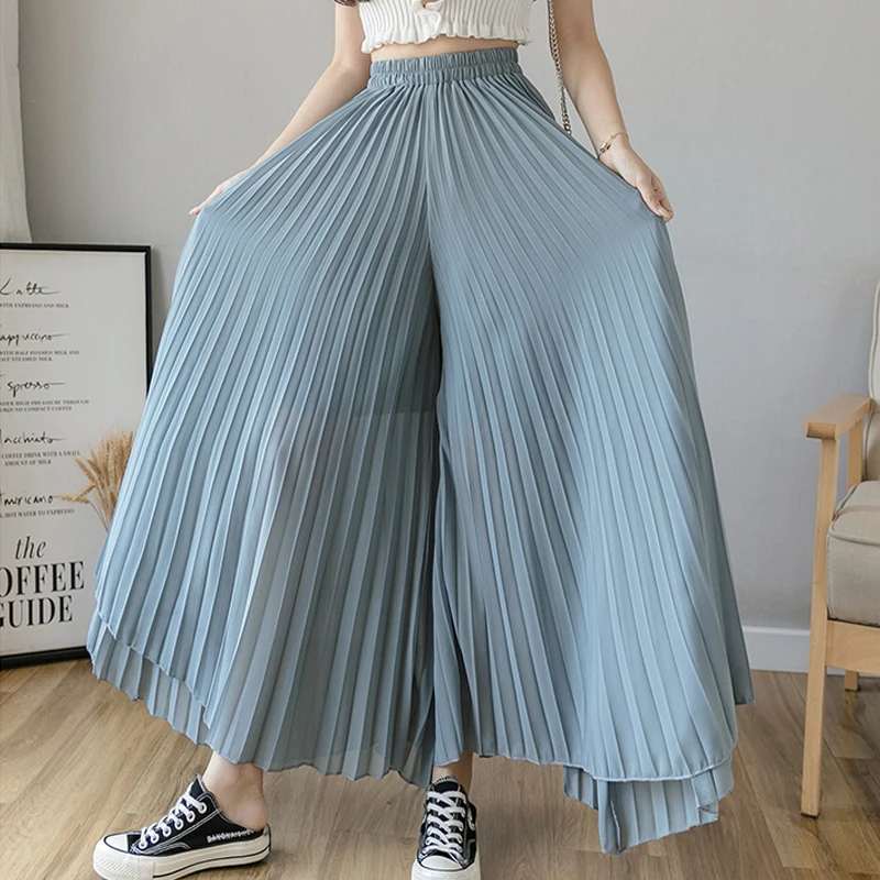 Wide Leg Pleated Lady Skirts Pants Chiffon Summer Draped Quality Trousers Cool Feeling Streetwear Women Boho Bohemian Pants