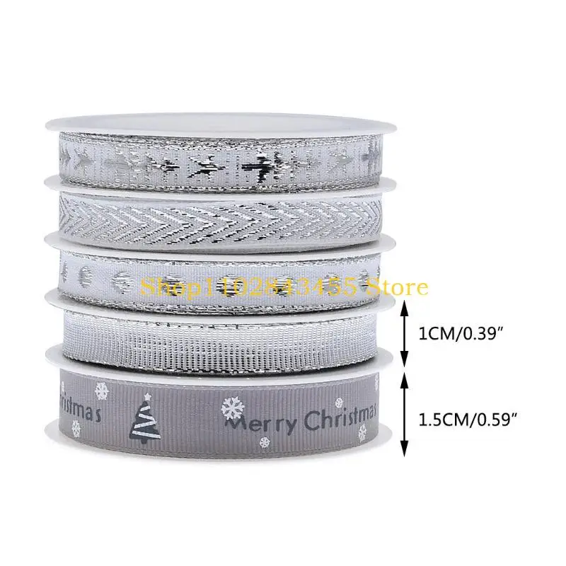 49MC 5 Rolls 2/10/15mm Christmas Ribbon Grosgrain Ribbon Silver Craft Ribbon