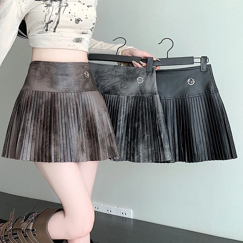 2024 slim and spicy girl anti glare ink wash blend PU leather A-line skirt pleated skirt short skirt