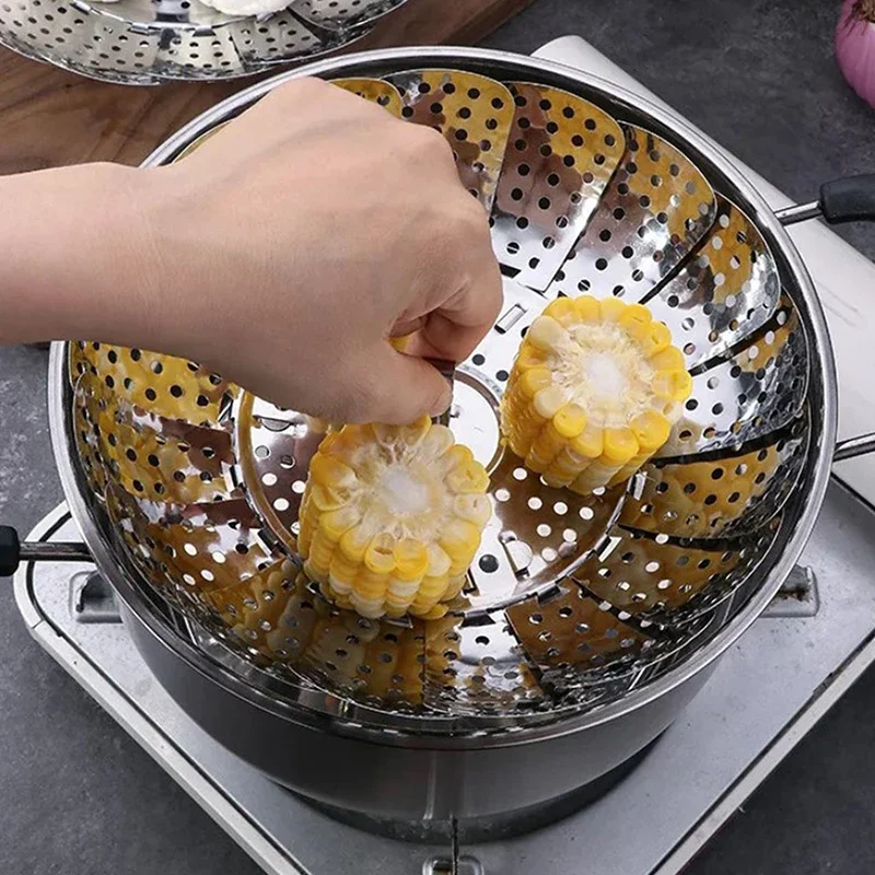 للطي طبق البخار الفولاذ المقاوم للصدأ قدر الغذاء البخاري سلة الفاكهة الخضار طباخ متعدد الوظائف اللحوم تبخير صينية أدوات المطبخ #4