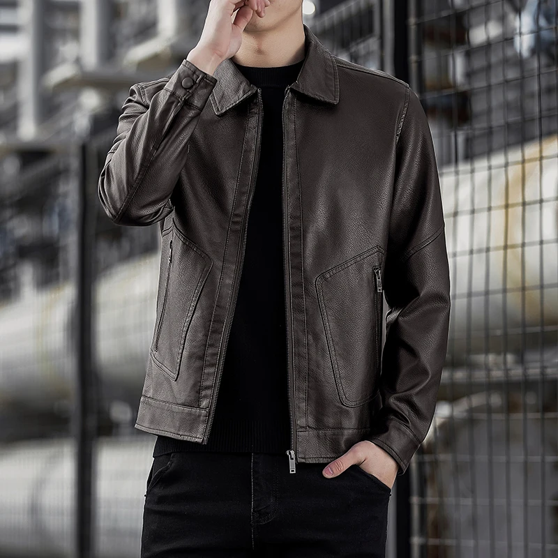 

Men's Collar Slim Leather Jacket Mens Fashion Moto Biker Windproof Causal Leather Coat Motorcycle Pu Leather Jacket Coat