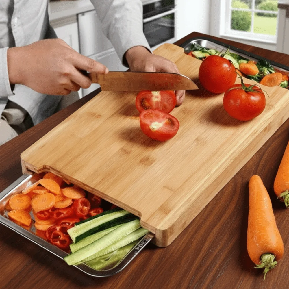 Thickened Wooden Cutting Board with Drawers Multi-Functional Cheese Board Eco-Friendly Non-Slip Bread Cutting Board Kitchen