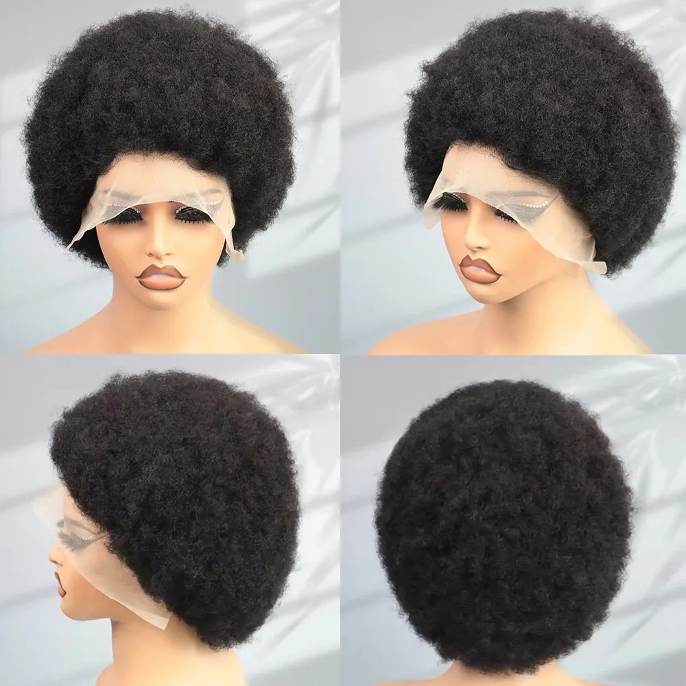

Короткие кудрявые парики из 100% натуральных волос Remy, 13x4 Lace Afro Kinky Curly, для женщин, 8 дюймов, черный цвет, плотность 200.