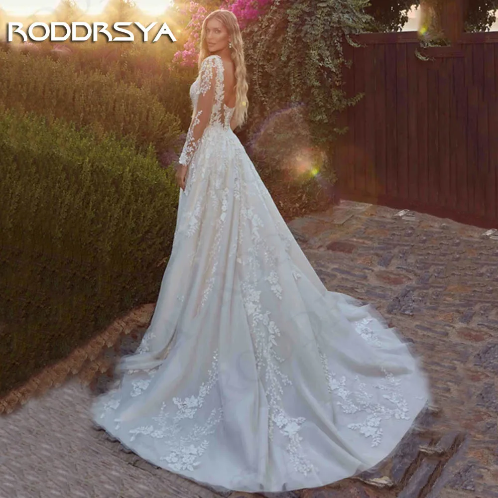 RODDRSYA Long Sleeves A Line Wedding Dresses For Woman 2024 Bride V Neck Tulle Bridal Dress Appliques Backless abito da sposa