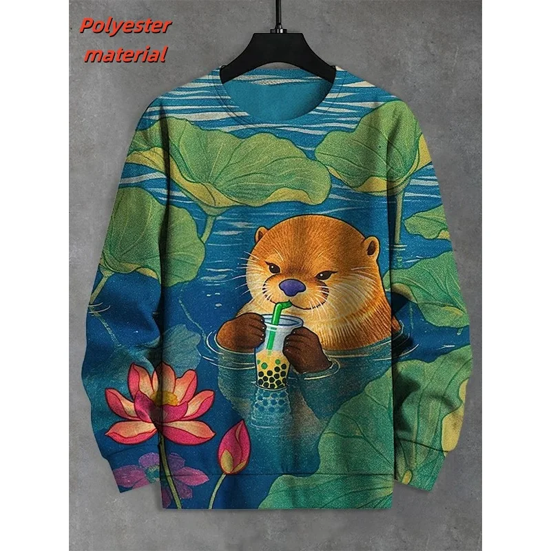 남성용 3D 인쇄 다채로운 고양이 운동복 레인보우 시골 패턴 후드 캐주얼 루즈 탑 라운드 넥 풀오버 streetwear