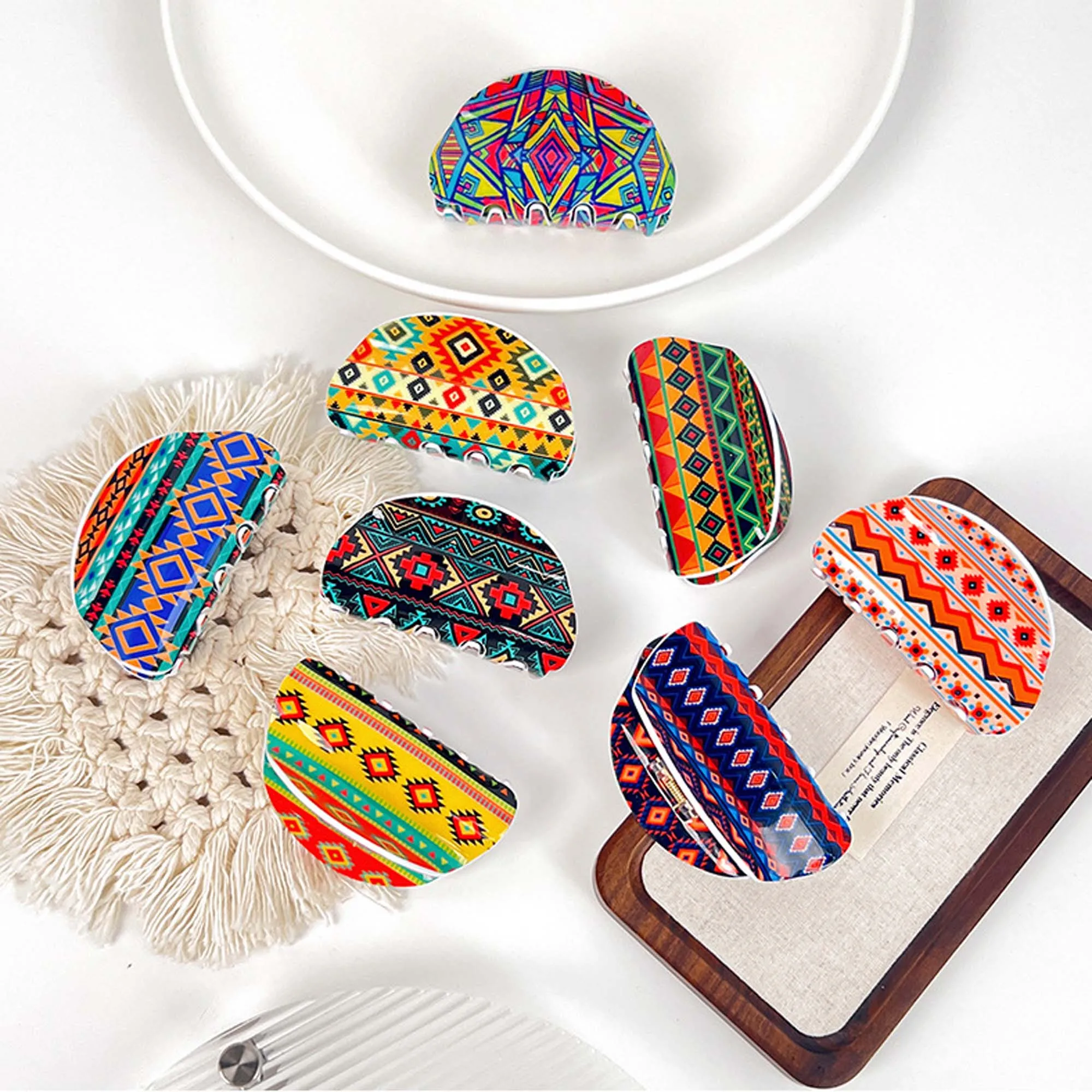 กิ๊บติดผมทรงโบฮีเมียน 2 ชิ้น ลายชนเผ่าแอซเท็ก สำหรับผู้หญิง กิ๊บอะคริลิกแข็งแรง สำหรับผมหนาและผมบาง