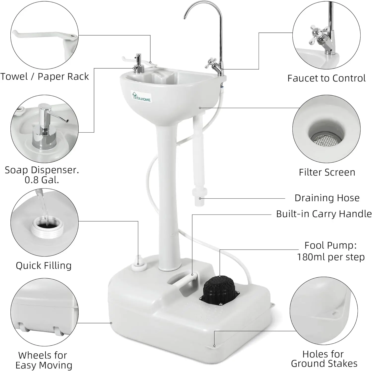 Upgrated Portable Sink Camping Hand Washing Station with 17 L Wash Basin Stand, Rolling Wheels, Soap Dispenser, Towel H