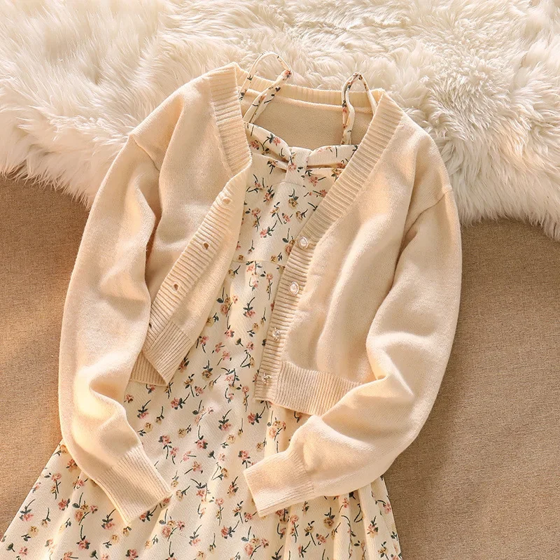 2024 Autumn New Fragmented Flower Tank Dress Elegant Dress Knitted Cardigan Warm Match Autumn Suit