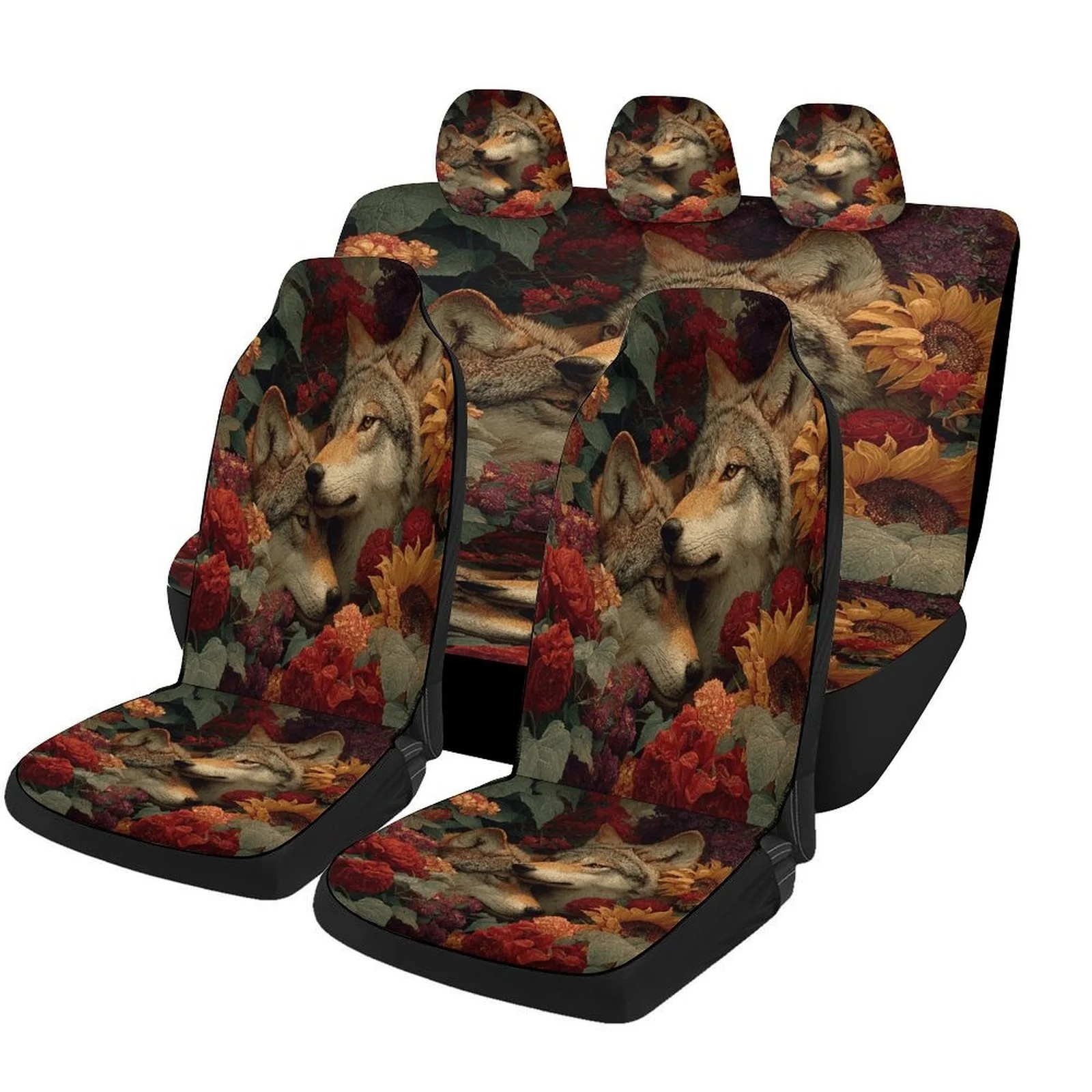 Wolves In Flowers Designed Car Seat Cover Set For Most Cars, Trendy Novelty High-quality Car Seat Protector Covers Full Set, Uni