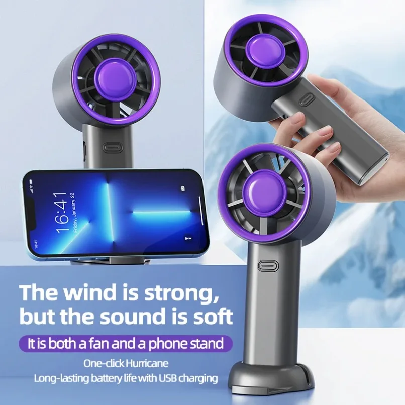 

Portable Turbo Handheld Fan Strong Air Flow Personal Cooler 2 In 1 Phone Stand Base For Home Office Outdoor Summer Travel Gadget