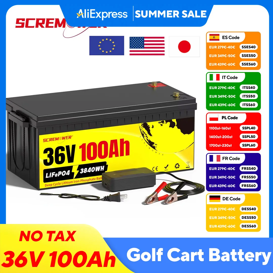 

36V 100AH Golf Cart Lifepo4 Battery with Charger Rechargeable Batteries Built in 200A BMS Prefect for Trolling Motor Marine Boat