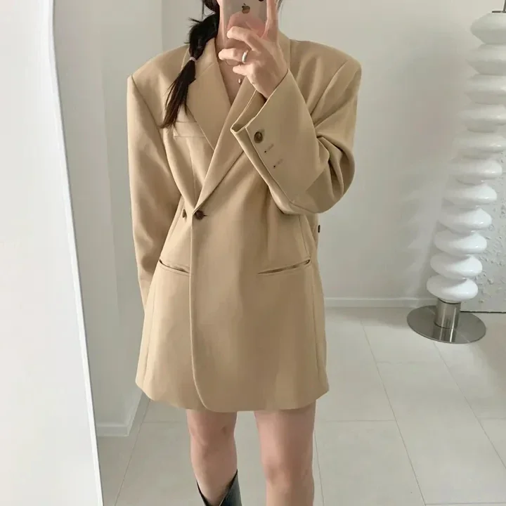 New Fashion Fall Winter Loose Suits Blazer Pad Shoulder Khaki Black Irregular One Button Jacket Coat BF Lazy Style Chic Outwear