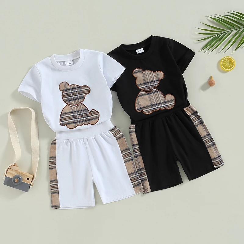 2023-02-21 Lioraitiin 0-24M Baby Boys Girls 2Pcs Outfits Short Sleeve Crew Neck Bear Plaid T-shirt with Shorts