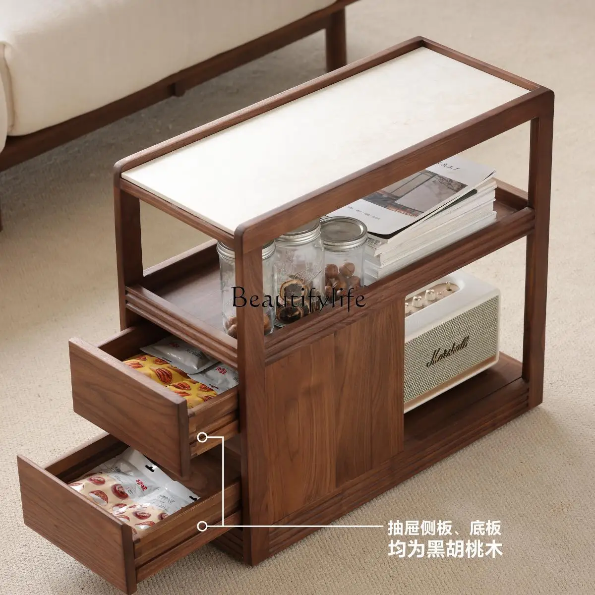 Nord-américain noir noyer tout en bois massif mobile dalle de roche côté quelques chariots salon médiéval petit appartement table basse