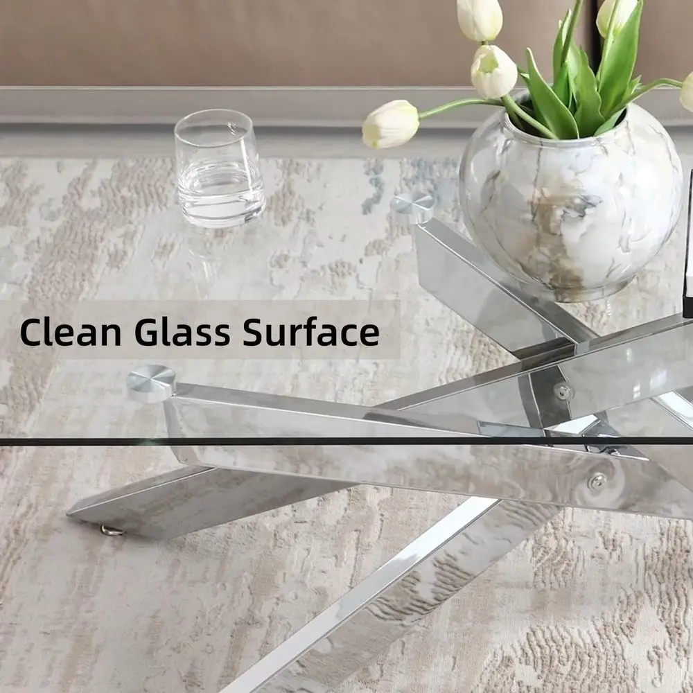 Modern Rectangular Coffee Table with Tempered Glass, Metal Legs, 47.3 x 23.6 x 18.1, Silver Finish