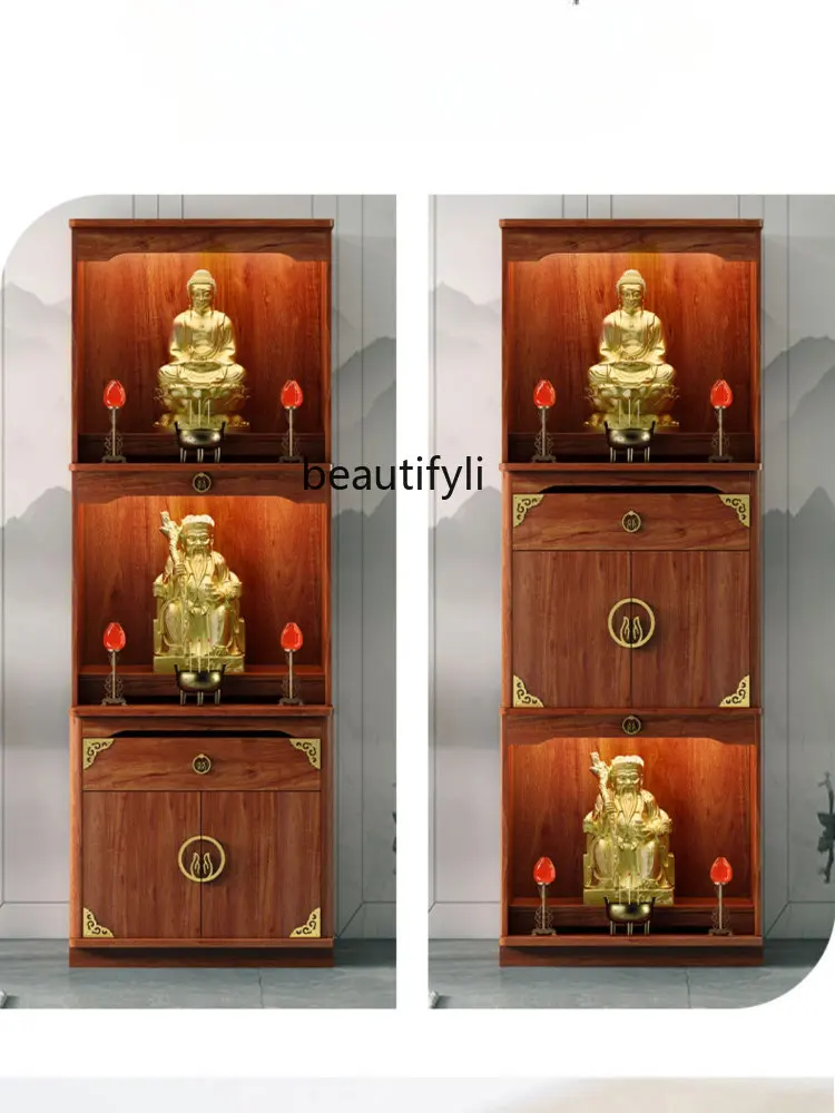 yj Buddha Shrine New Chinese Style Clothes Closet Solid Wood Cabinets Worship Table Three-Layer Buddha Worship Table Cabinet