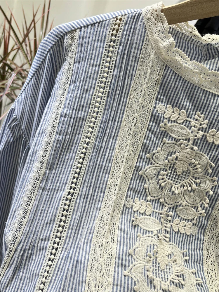 Retro koreańska bluzka patchworkowa w stylu lantern, stójka, koronkowe zdobienia, słodka, uniwersalna, na każdą porę roku, luźny krój.