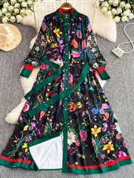 Runway 2025 Spring Flower Maxi Dress Shirt Women's Palace Design A Line Full Sleeve Floral Print Loose Long Party Dresses Lady