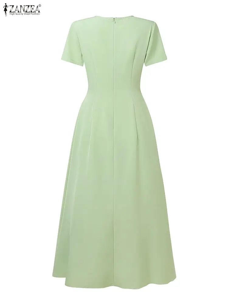 ZANZEA 2025 Women's Elegant A-Line Party Dresses Fashion Wedding Guest V-Neck Short Sleeve High Waisted Tucked Maxi Dress