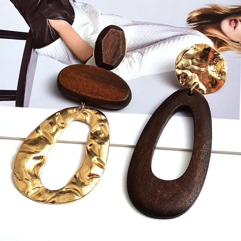 4 Pairs Wooden Metal Asymmetry Long Dangle Earrings for Women Statement Hollow Out Water Drop Earrings Party Jewelry Gift