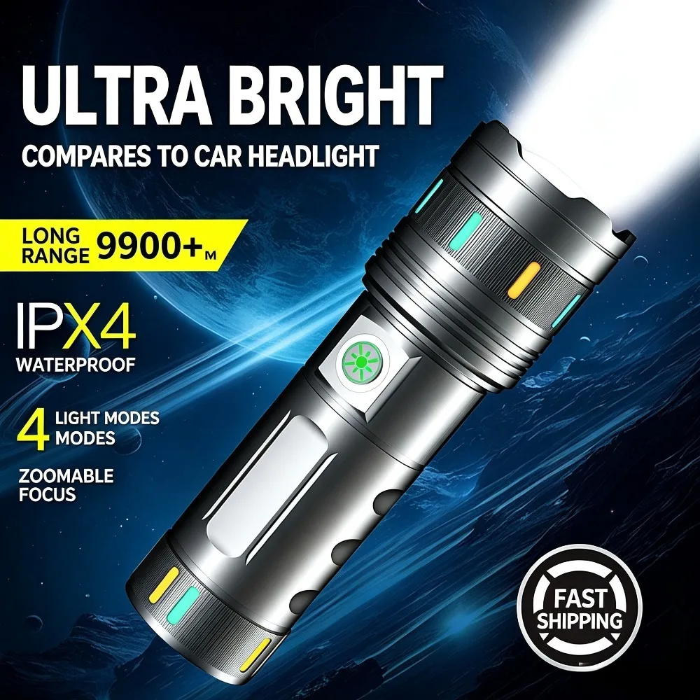 Zoomable Long Distance Flashlight Portable Multifunctional Super Bright Long Endurance Torch for Outdoor Emergency Lighting