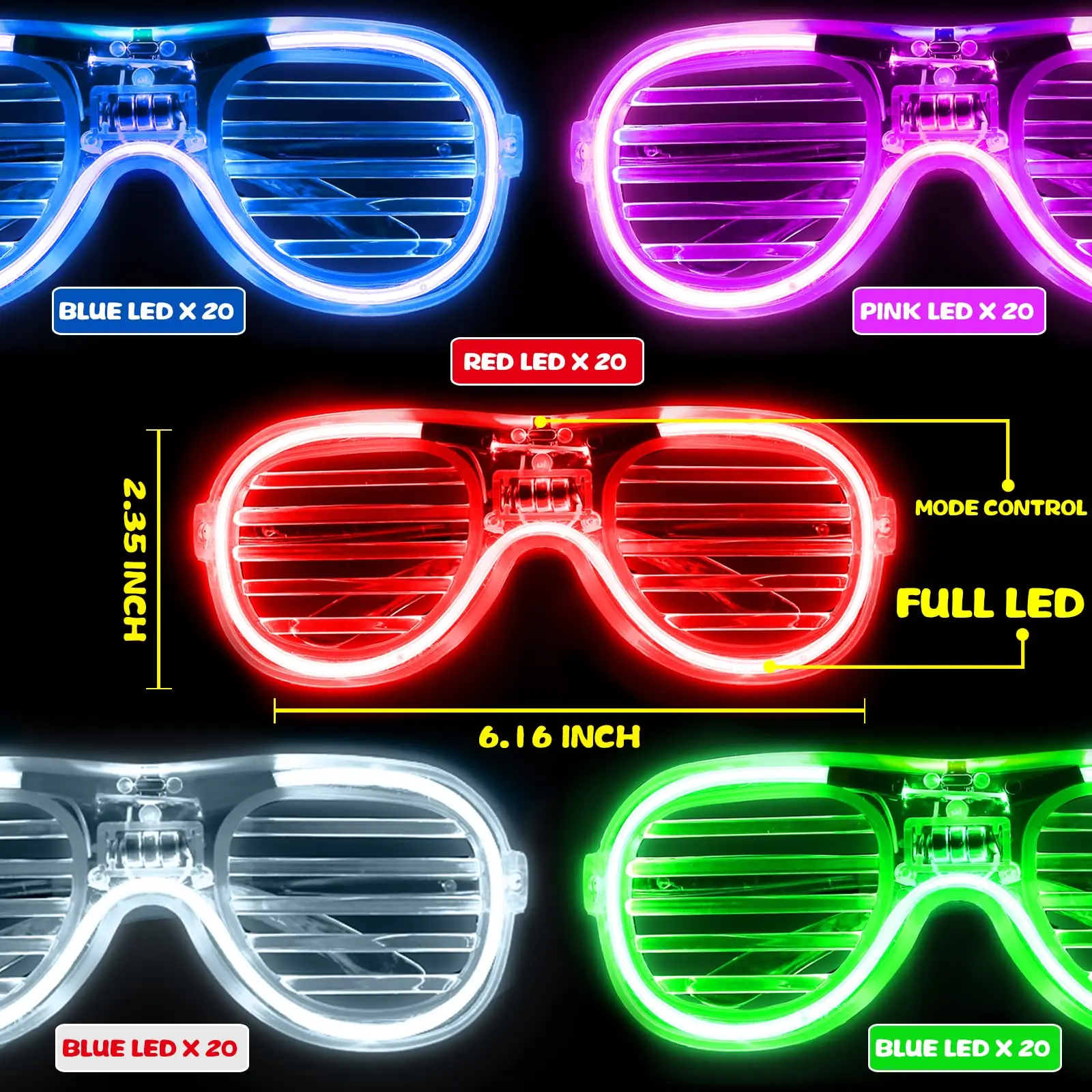 100 Pack Glow in The Dark Glasses Bulk for Kid Adult 5 Color LED Light Up Glasses with 3 Flashing Modes Neon Glowing Party