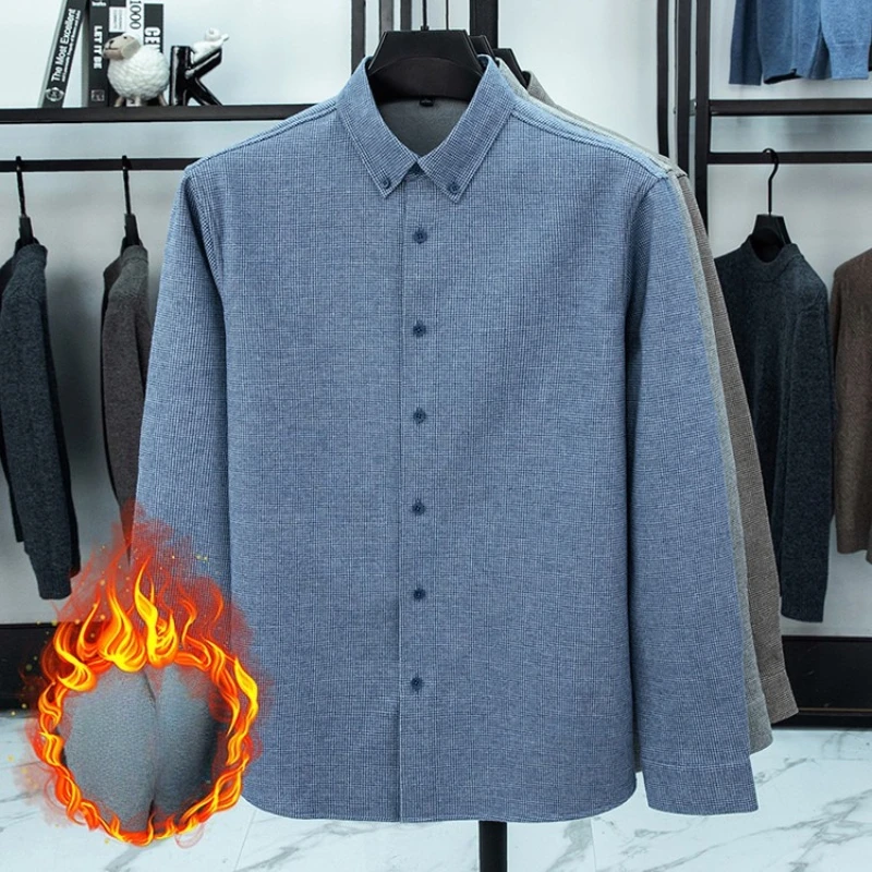 Men's Wool Blend Fleece-Lined Shirt, Solid Color  New, Bestseller Ranking  British Style Fine Grid Keep WarmYY186