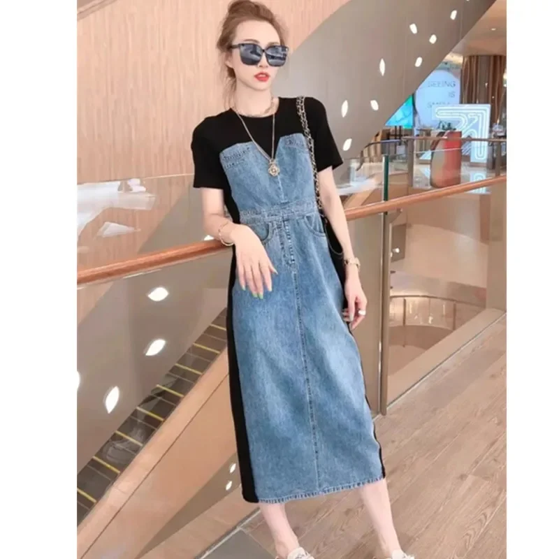 

Denim Patchwork Dress Women's Summer New Design Contrasting color Waist Short sleeved Long Dress Female Casual Clothing Z543